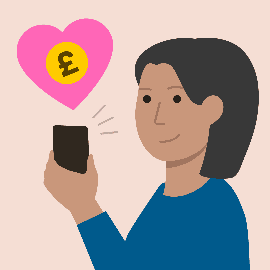 Illustration of a woman holding a smartphone with a heart and pound sign icon above it.