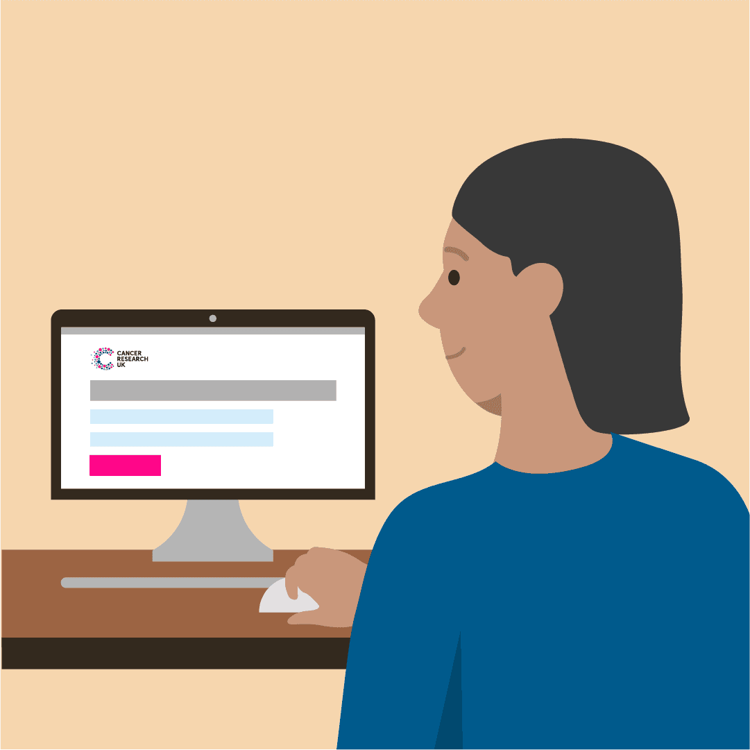 An illustration of a woman looking at the Cancer Research UK website on her computer.