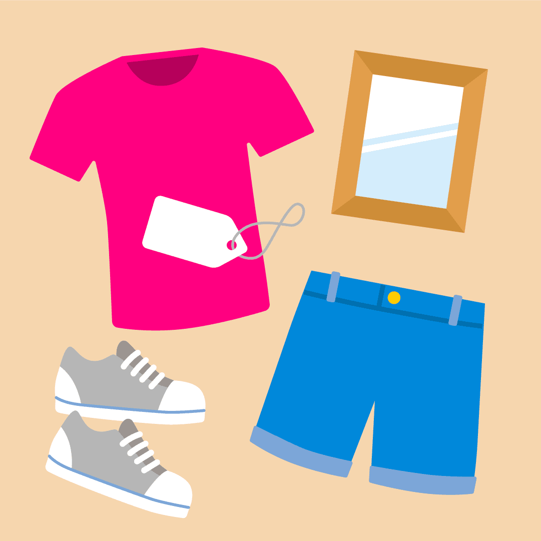 An illustration of items for sale, including a t-shirt, a mirror, a pair of shoes and a pair of shorts.