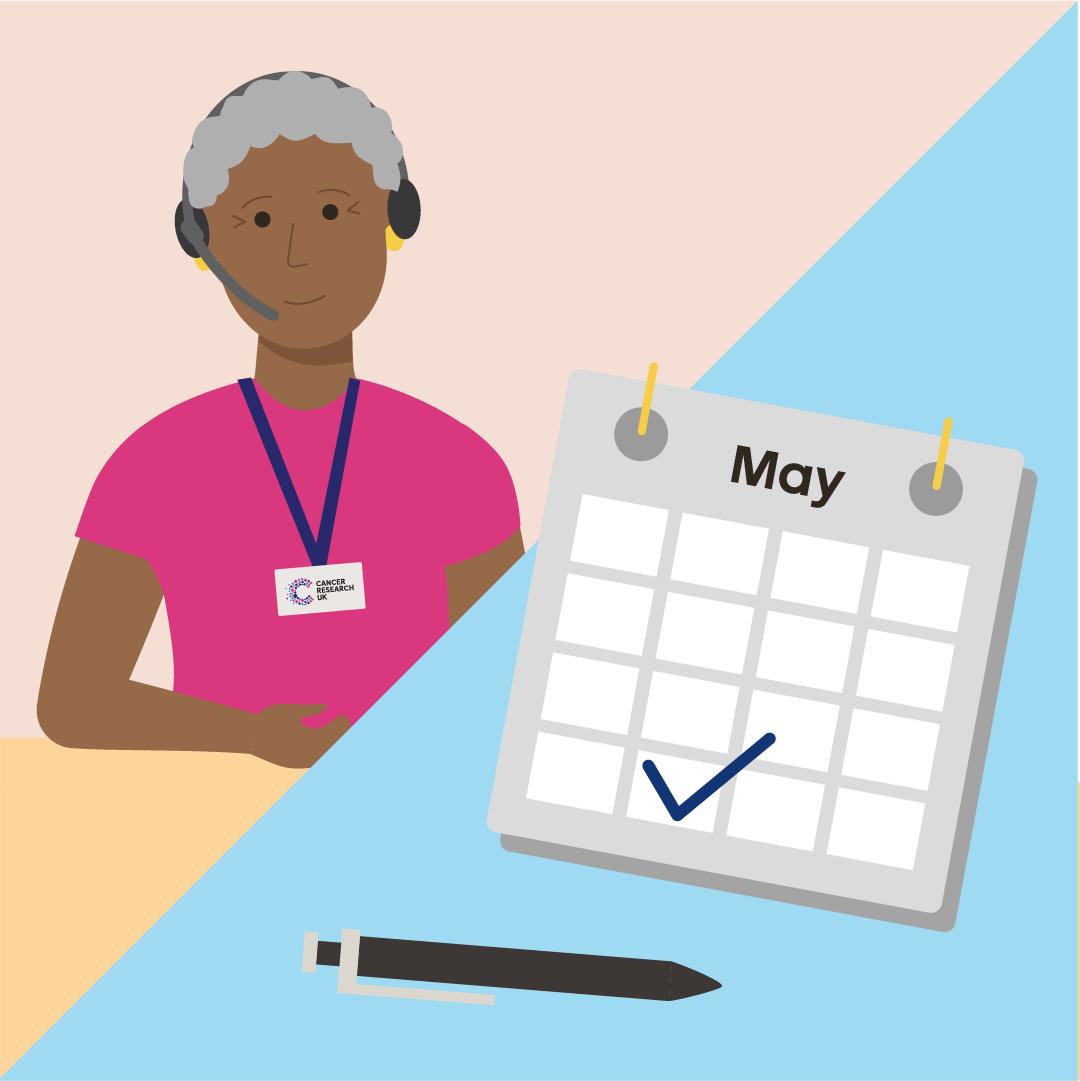 An illustration of a Cancer Research staff member with a telephone headset making a phone call next to a calendar.