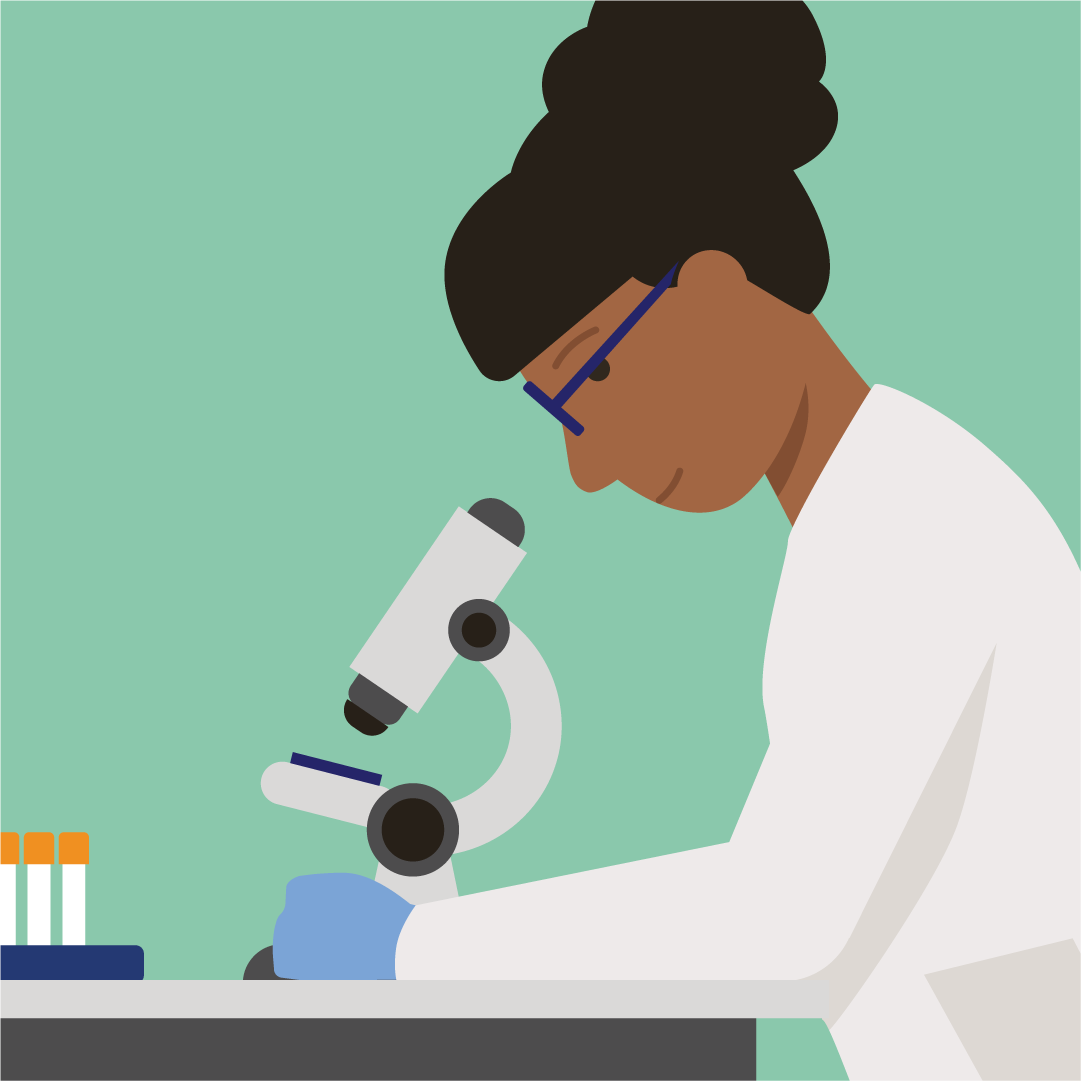 An illustration of a female researcher looking into a microscope, wearing her lab coat.