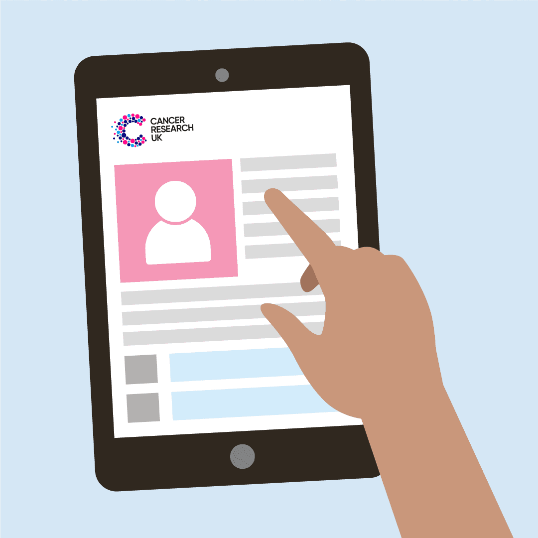 An illustration of a hand on a tablet that is displaying the Cancer Research UK website.